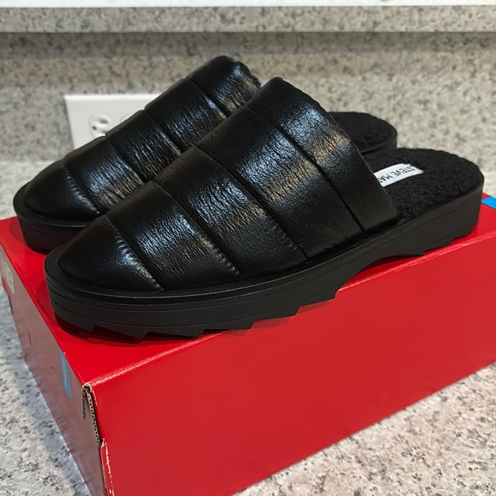 Steven Madden Black Quilted Chex Chunky Slip on Slip On  Slippers Sz 9 - Picture 2 of 10